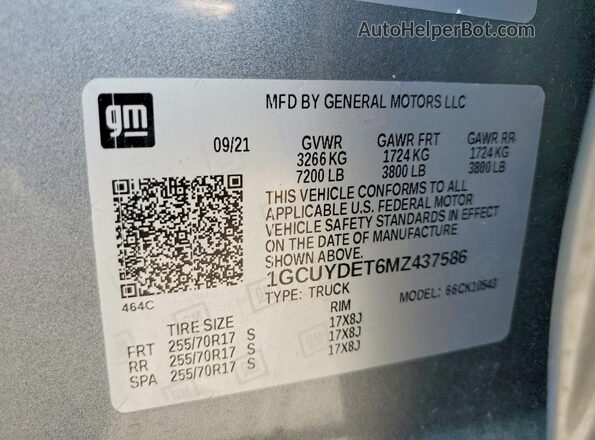1GCUYDET6MZ437586 2021 CHEVROLET SILVERADO Silver Вид наклейки з VIN-кодом
