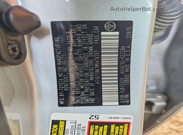 4T1G11AK1MU478357 2021 TOYOTA CAMRY Silver სალონის 360-გრადუსიანი ხედი