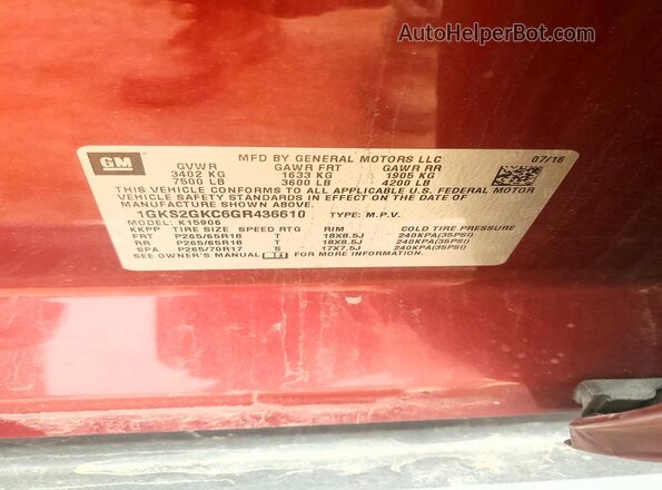 1GKS2GKC6GR436610 2016 GMC YUKON Maroon Vista interior de 360 grados