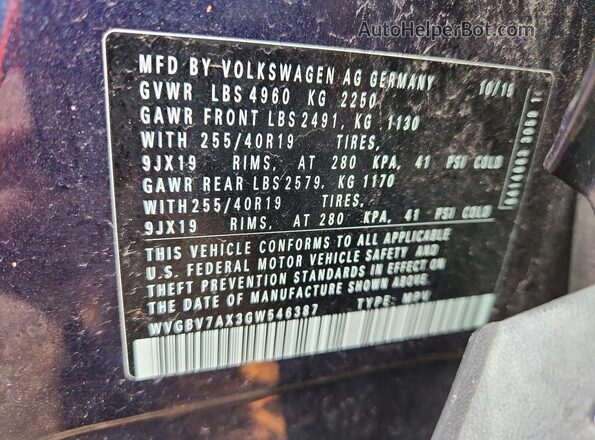 WVGBV7AX3GW546387 2016 VOLKSWAGEN TIGUAN Синий Вид наклейки с VIN-кодом