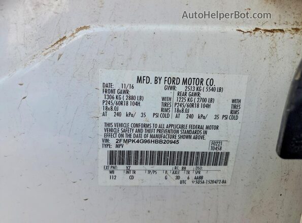 2FMPK4G96HBB20945 2017 FORD EDGE Белый Панорамный вид салона 360°