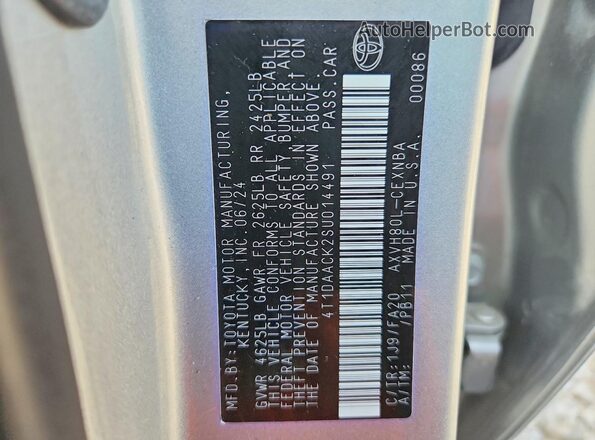 4T1DAACK2SU014491 2025 TOYOTA CAMRY Серебряный Вид наклейки с VIN-кодом