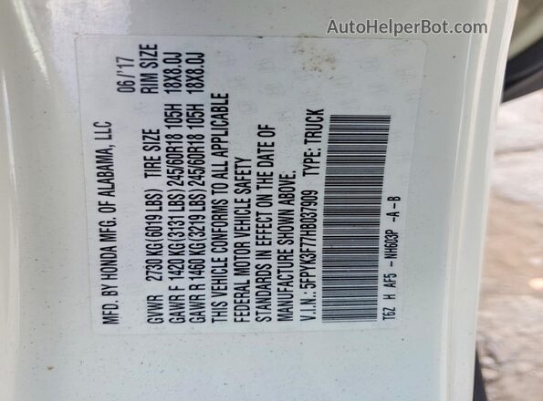 5FPYK3F77HB037909 2017 HONDA RIDGELINE White VIN კოდის სტიკერის ხედი