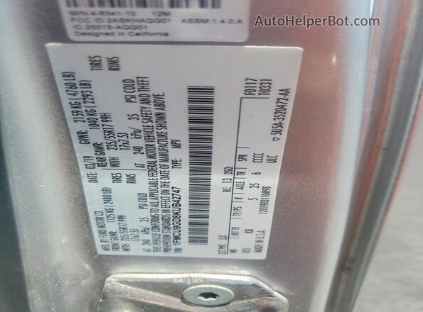 1FMCU9GD8KUB42747 2019 FORD ESCAPE Silver Widok wnętrza 360 stopni