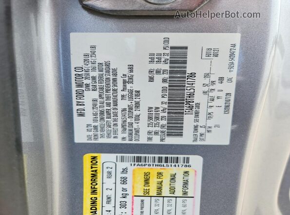 1FA6P8TH6L5141786 2020 FORD MUSTANG Silver Widok naklejki z numerem VIN