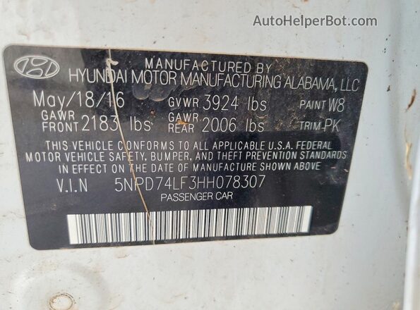 5NPD74LF3HH078307 2017 HYUNDAI ELANTRA White Սալոնի 360 աստիճան տեսք