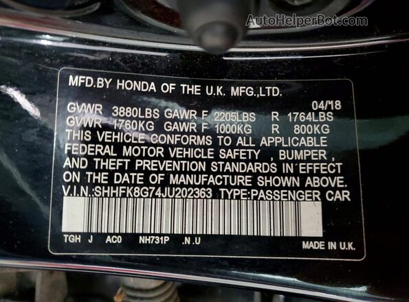 SHHFK8G74JU202363 2018 HONDA CIVIC Black Widok wnętrza 360 stopni