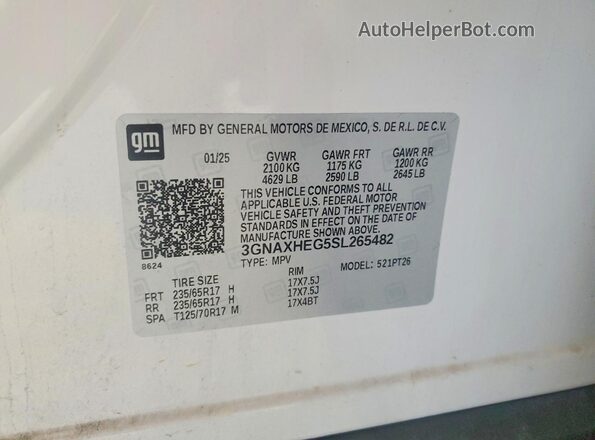 3GNAXHEG5SL265482 2025 CHEVROLET EQUINOX White VIN sticker view