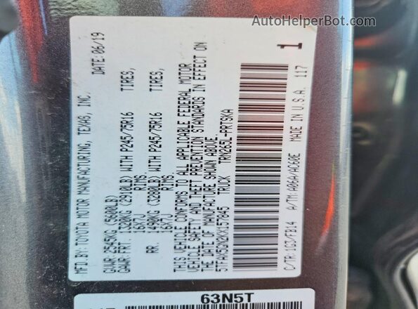 5TFAX5GN2KX157845 2019 TOYOTA TACOMA Gray VIN კოდის სტიკერის ხედი