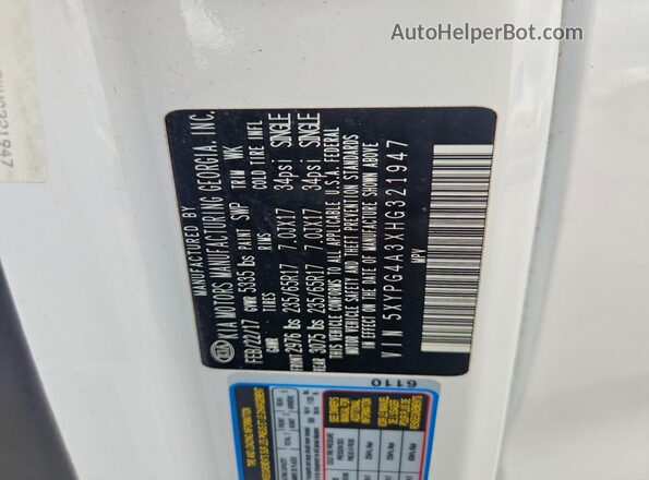 5XYPG4A3XHG321947 2017 KIA SORENTO White Widok wnętrza 360 stopni