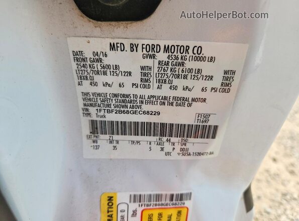 1FTBF2B68GEC68229 2016 FORD F250 White Widok naklejki z numerem VIN
