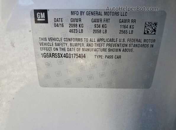 1G6AR5SX4G0175494 2016 CADILLAC CTS Silver Vista de la etiqueta del VIN