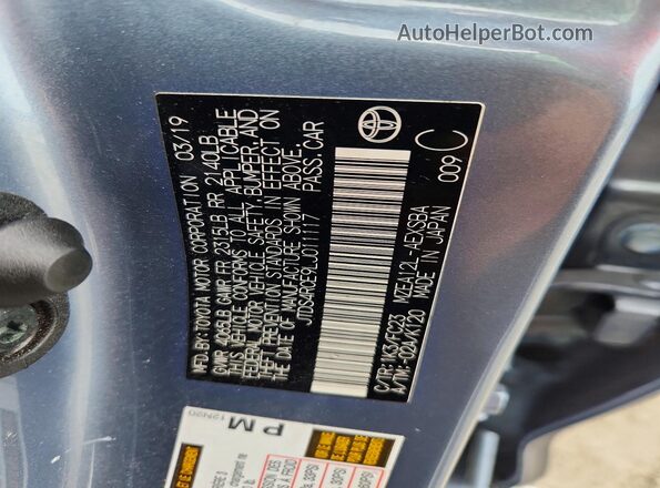 JTDS4RCE9LJ011117 2020 TOYOTA COROLLA Silver VIN კოდის სტიკერის ხედი