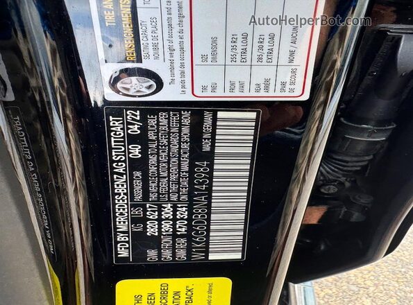 W1K6G6DB8NA143984 2022 MERCEDES-BENZ S Black VIN sticker view