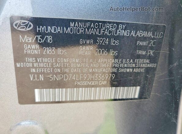 5NPD74LF9JH336979 2018 HYUNDAI ELANTRA Gray Widok naklejki z numerem VIN