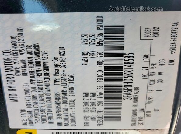 3FA6P0HD5KR148585 2019 FORD FUSION Black Vista de la etiqueta del VIN