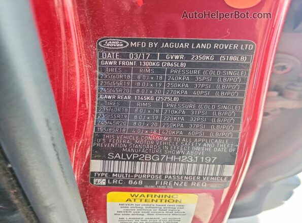 SALVP2BG7HH231197 2017 LAND ROVER RANGE Red Вид наклейки з VIN-кодом