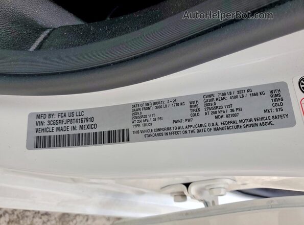 3C6SRFJP8T4167910 2026 RAM 1500 White Widok naklejki z numerem VIN