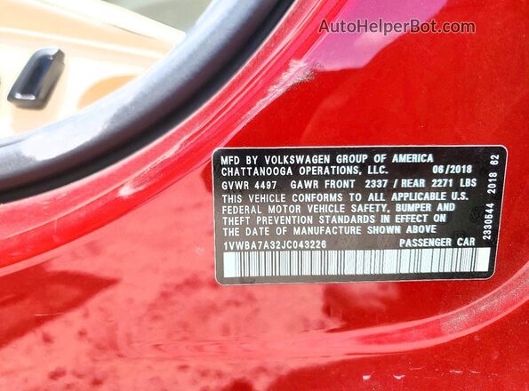 1VWBA7A32JC043226 2018 VOLKSWAGEN PASSAT Burgundy Widok naklejki z numerem VIN