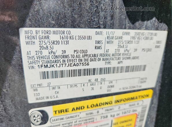 1FMJK1JT7JEA07556 2018 FORD EXPEDITION Gray Vista interior de 360 grados