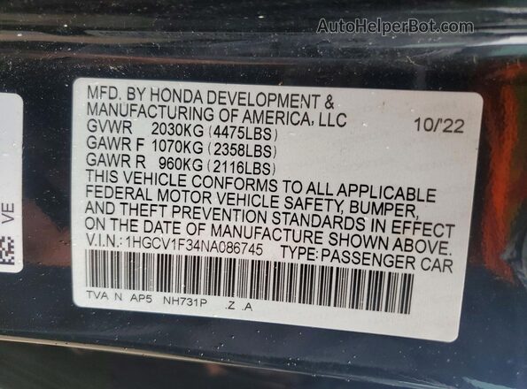 1HGCV1F34NA086745 2022 HONDA ACCORD Black Vista de la etiqueta del VIN