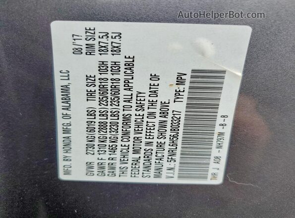 5FNRL6H56JB033217 2018 HONDA ODYSSEY Gray Widok wnętrza 360 stopni