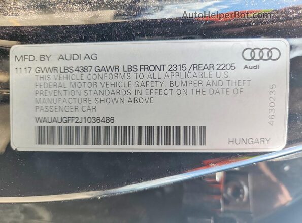 WAUAUGFF2J1036486 2018 AUDI A3 Black Вид наклейки з VIN-кодом