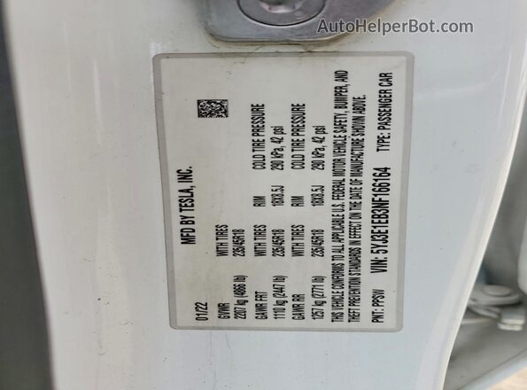 5YJ3E1EB3NF166164 2022 TESLA MODEL 3 Белый Вид наклейки с VIN-кодом