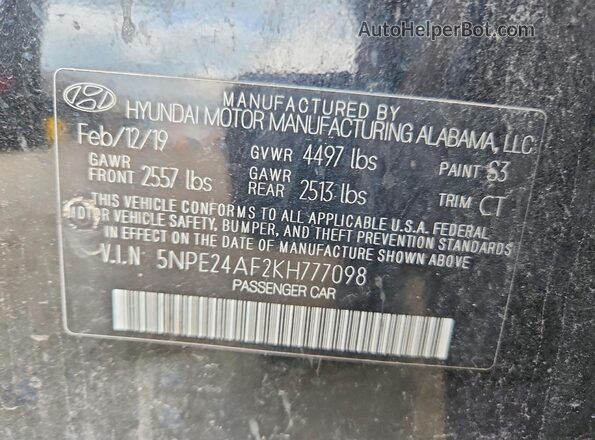 5NPE24AF2KH777098 2019 HYUNDAI SONATA Black Vista de la etiqueta del VIN