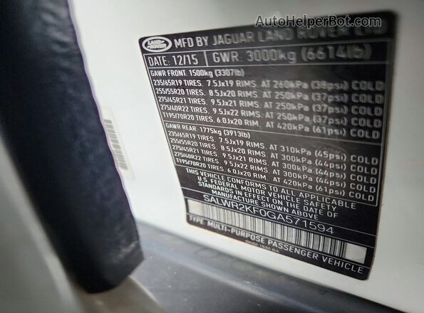 SALWR2KF0GA571594 2016 LAND ROVER RANGE ROVER White Вид наклейки з VIN-кодом