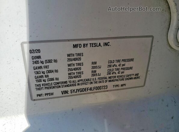 5YJYGDEF4LF000723 2020 TESLA MODEL White Панорамний вид салону 360°