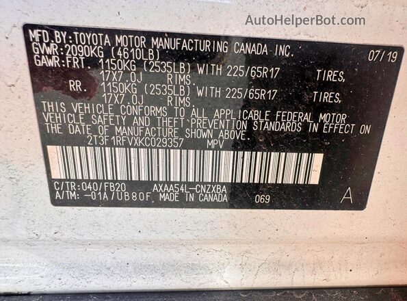 2T3F1RFVXKC029357 2019 TOYOTA RAV4 White Vista interior trasera
