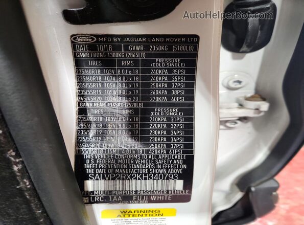 SALVP2RX2KH340793 2019 LAND ROVER RANGE White სალონის 360-გრადუსიანი ხედი