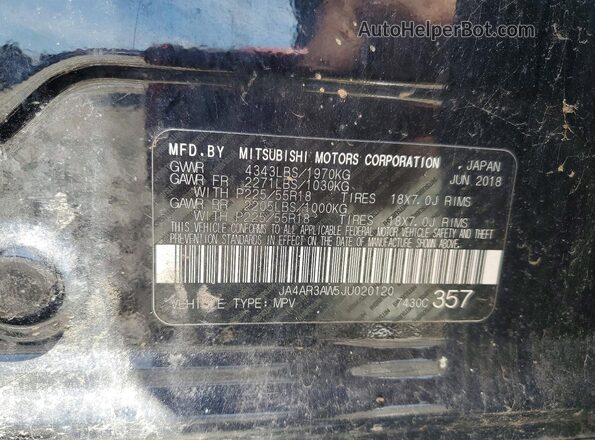 JA4AR3AW5JU020120 2018 MITSUBISHI OUTLANDER Black VIN կոդի պիտակի տեսք