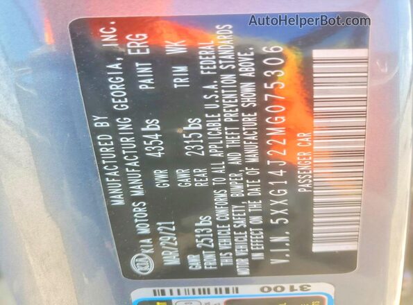 5XXG14J22MG075306 2021 KIA K5 Синий Панорамный вид салона 360°
