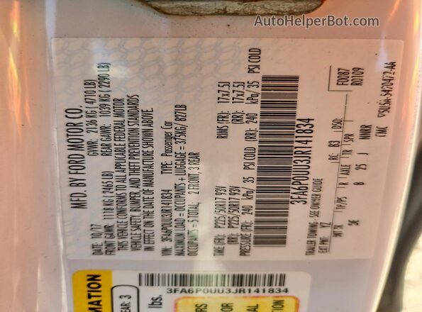 3FA6P0UU3JR141834 2018 FORD FUSION Белый Вид наклейки с VIN-кодом