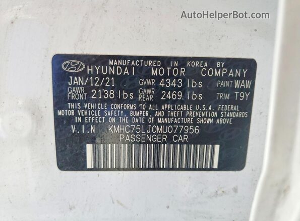 KMHC75LJ0MU077956 2021 HYUNDAI IONIQ Белый Вид наклейки с VIN-кодом