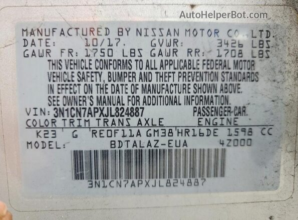 3N1CN7APXJL824887 2018 NISSAN VERSA Silver VIN sticker view