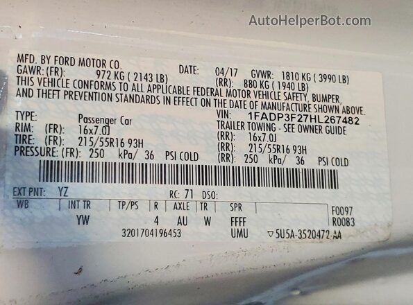 1FADP3F27HL267482 2017 FORD FOCUS White VIN კოდის სტიკერის ხედი