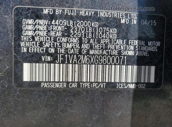 JF1VA2M6XG9800071 2016 SUBARU WRX Gray Панорамний вид салону 360°