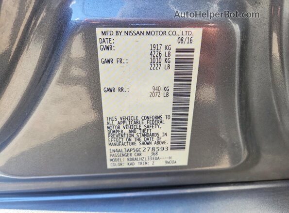 1N4AL3AP5GC278593 2016 NISSAN ALTIMA Silver VIN կոդի պիտակի տեսք
