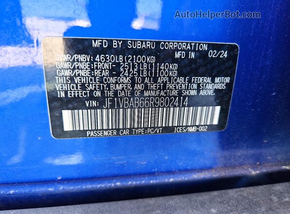 JF1VBAB66R9802414 2024 SUBARU WRX Синий Вид наклейки с VIN-кодом