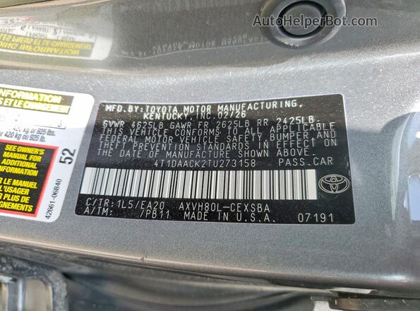4T1DAACK2TU273158 2026 TOYOTA CAMRY Gray VIN կոդի պիտակի տեսք