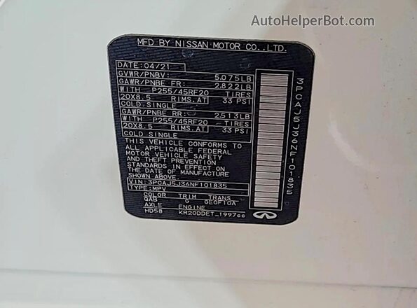 3PCAJ5J36NF101835 2022 INFINITI QX55 White Вид задньої частини салону