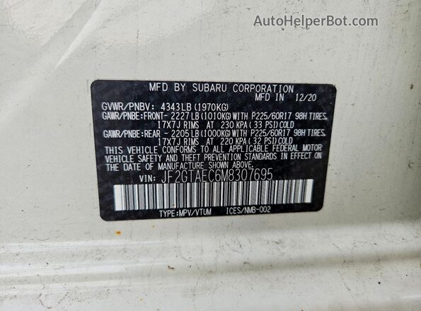 JF2GTAEC6M8307695 2021 SUBARU CROSSTREK White Vista interior de 360 grados