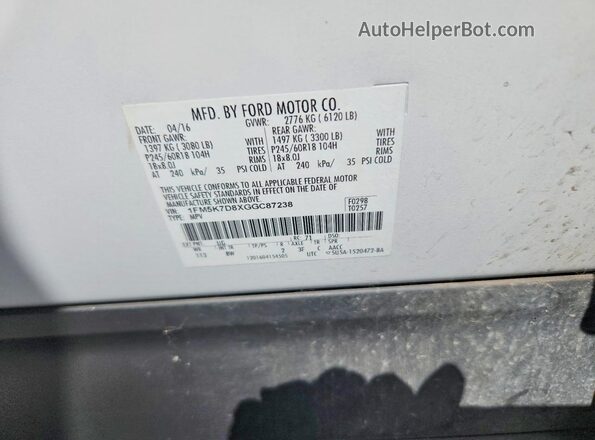 1FM5K7D8XGGC87238 2016 FORD EXPLORER White 360 interior view