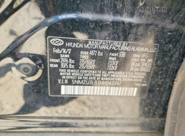 5NMZU3LB3HH043947 2017 HYUNDAI SANTA Черный Панорамный вид салона 360°