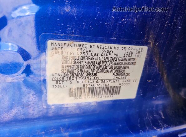 3N1CN7AP8GL898835 2016 NISSAN VERSA Blue 360 interior view