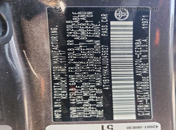 4T1B11HK4JU045627 2018 TOYOTA CAMRY Brown Вид наклейки з VIN-кодом