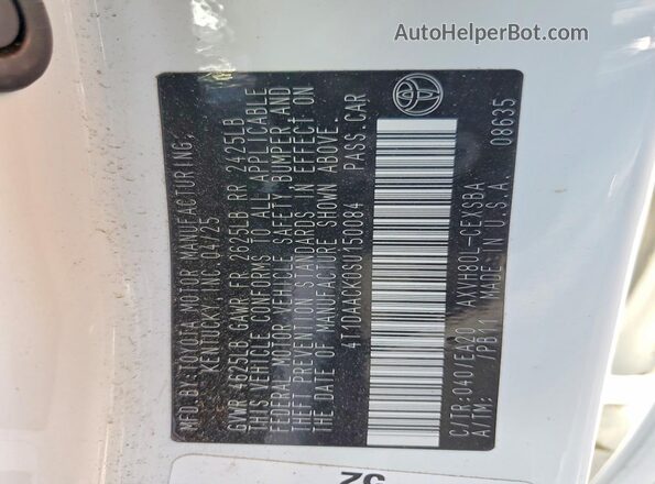 4T1DAACK0SU150084 2025 TOYOTA CAMRY White VIN კოდის სტიკერის ხედი